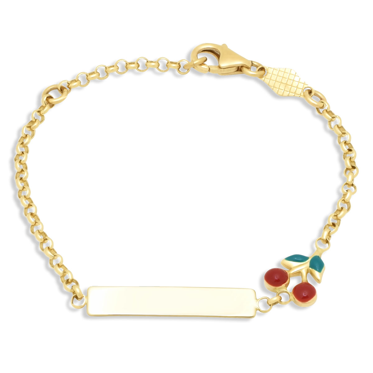 Χρυσό παιδικό βραχιόλι Κ14 με ταυτότητα και κεράσι